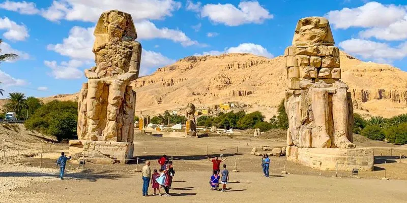 Admire the colossal statues of the Colossi of Memnon on your unforgettable Egypt and Jordan travel packages.
